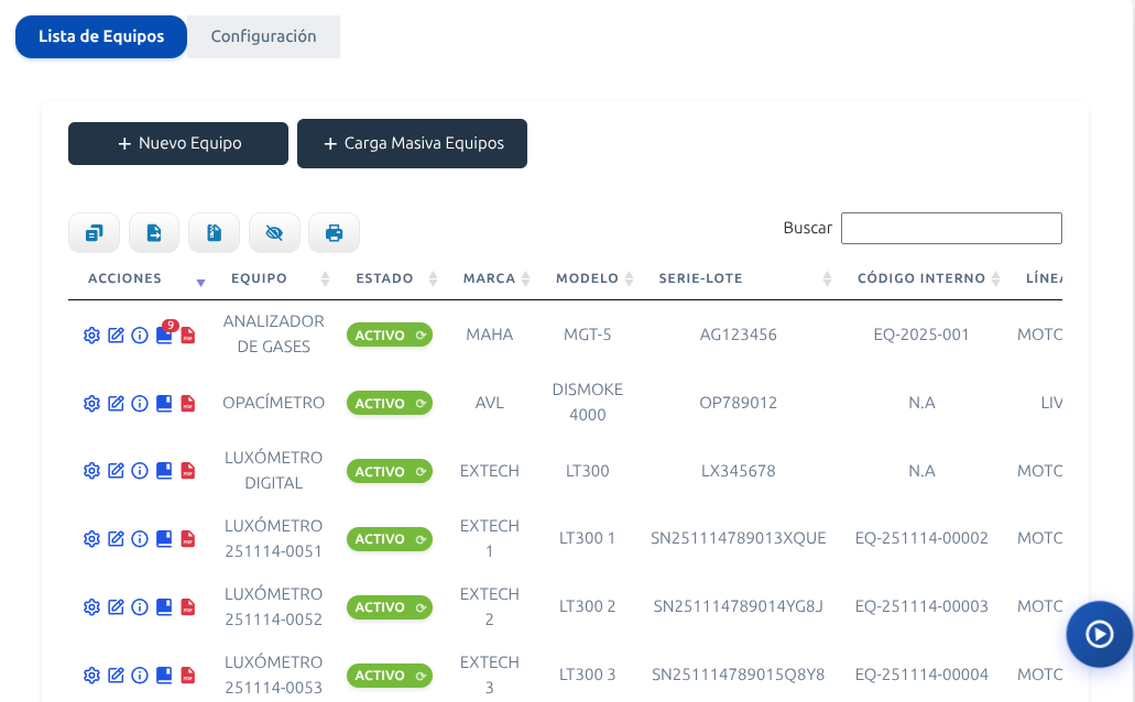 Ejemplo de la interfaz de Equipos de Calidapp